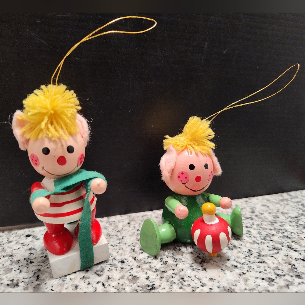 Whimsical Wooden Elf Ornaments with Red and Green Accents